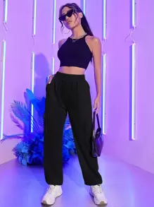 SHEIN EZwear Flap Pocket Side Solid Joggers - Black - View 4