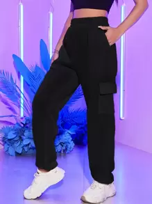 SHEIN EZwear Flap Pocket Side Solid Joggers - Black - View 5