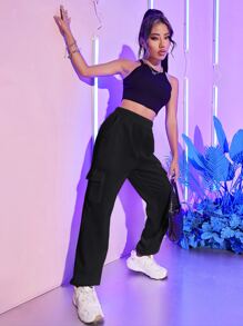 SHEIN EZwear Flap Pocket Side Solid Joggers - Black - View 7