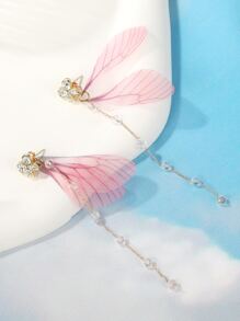 ROMWE Fairycore 翅膀和人造珍珠耳環 - 淺粉色 - 查看 2