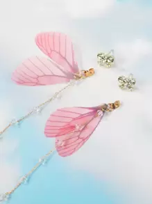 ROMWE Fairycore 翅膀和人造珍珠耳環 - 淺粉色 - 查看 4