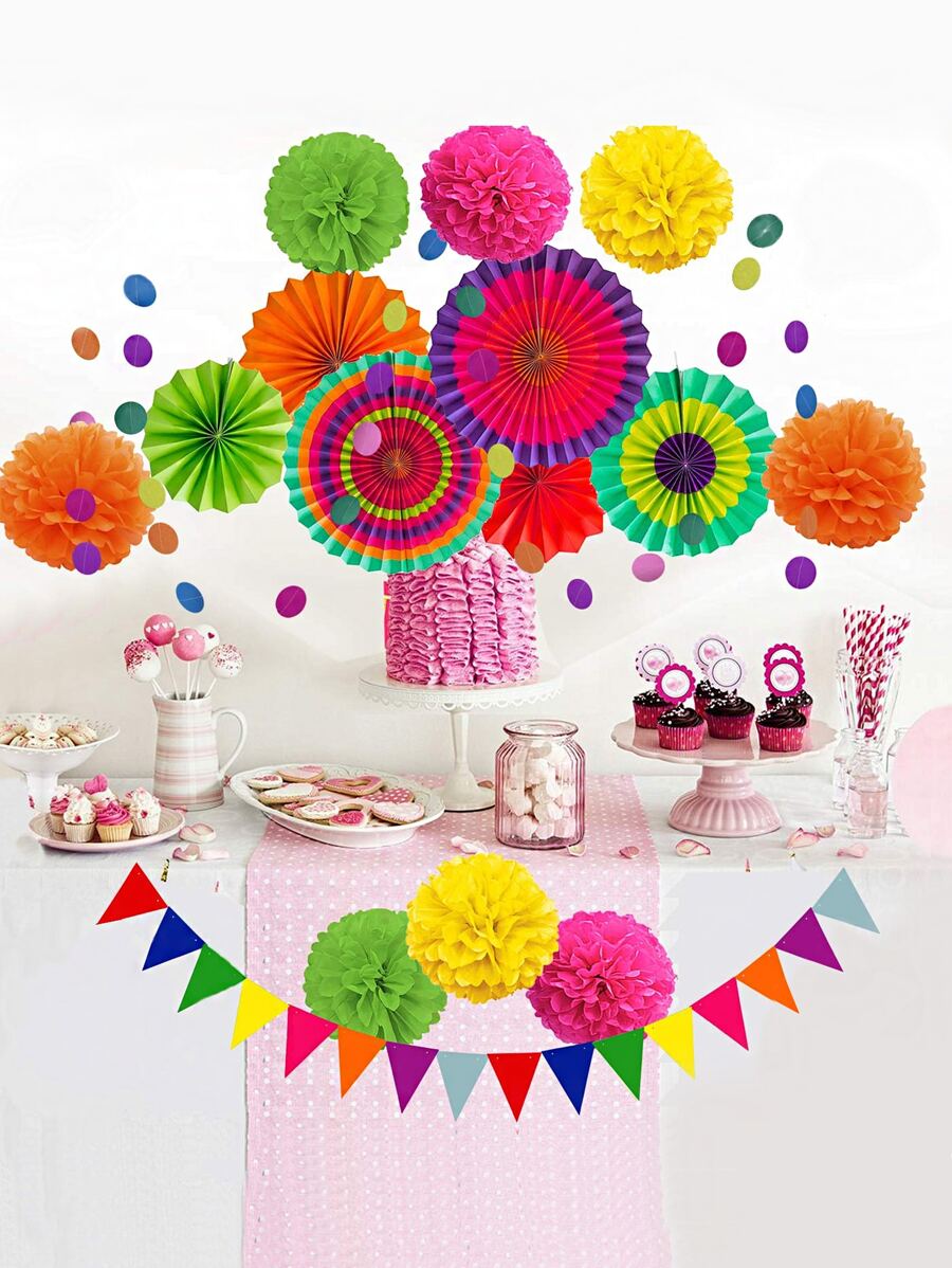 17Pcs Paper Fan & Pull Flag Set Party Decorations Birthday - Multicolor - View 1