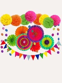 17Pcs Paper Fan & Pull Flag Set Party Decorations Birthday - Multicolor - View 2