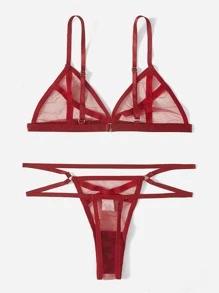 Classic Sexy Criss Cross Sheer Mesh Lingerie Set - Burgundy - View 2
