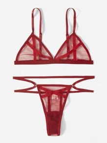Classic Sexy Criss Cross Sheer Mesh Lingerie Set - Burgundy - View 4