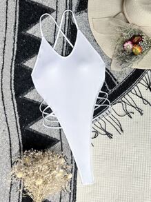 Crisscross Backless Cut Out One Piece Swimsuit, For Summer Beach Vacation - White - View 3