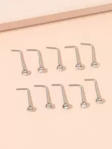 10入組/套水鑽裝飾鼻釘中性不銹鋼水晶龐克穿孔-A時尚身體鏈禮品適用於任何場合 - 銀色 - 查看 1