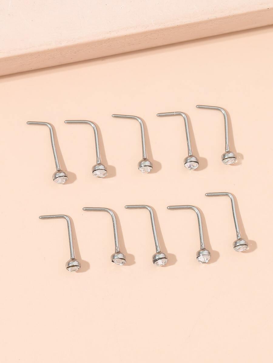 10入組/套水鑽裝飾鼻釘中性不銹鋼水晶龐克穿孔-A時尚身體鏈禮品適用於任何場合 - 銀色 - 查看 1