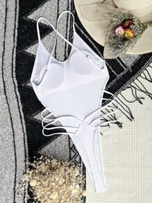 Crisscross Backless Cut Out One Piece Swimsuit, For Summer Beach Vacation - White - View 4
