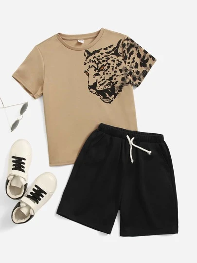 SHEIN Leap Crew Tween Boy Leopard Print Tee & Drawstring Waist Shorts