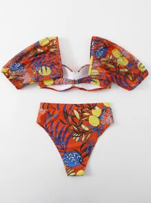 SHEIN Swim 夏季海滩随机植物印花比基尼套装甜心领聚拢文胸上衣和高腰比基尼下装 2 件比基尼 - 彩色 - 查看 2