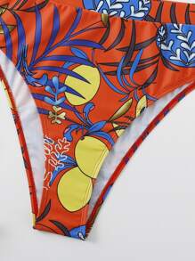 SHEIN Swim 夏季海滩随机植物印花比基尼套装甜心领聚拢文胸上衣和高腰比基尼下装 2 件比基尼 - 彩色 - 查看 3