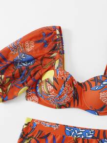 SHEIN Swim 夏季海滩随机植物印花比基尼套装甜心领聚拢文胸上衣和高腰比基尼下装 2 件比基尼 - 彩色 - 查看 4