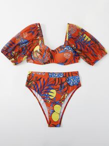 SHEIN Swim 夏季海滩随机植物印花比基尼套装甜心领聚拢文胸上衣和高腰比基尼下装 2 件比基尼 - 彩色 - 查看 5