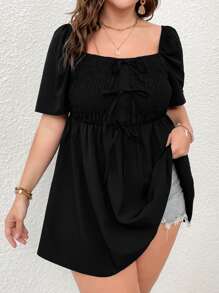 Celure Plus Puff Sleeve Shirred Knot Front Peplum Blouse - Black - View 1