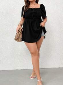 Celure Plus Puff Sleeve Shirred Knot Front Peplum Blouse - Black - View 4