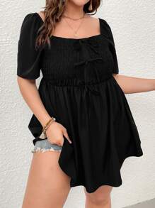 Celure Plus Puff Sleeve Shirred Knot Front Peplum Blouse - Black - View 5