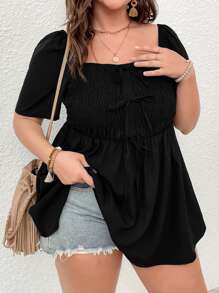 Celure Plus Puff Sleeve Shirred Knot Front Peplum Blouse - Black - View 7