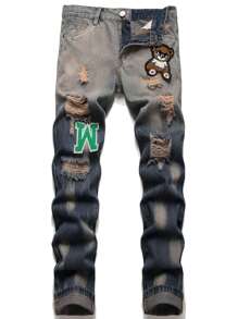 Hombres Jeans oso & con diseño de parche de letra - Azul lavado oscuro - Ver 1