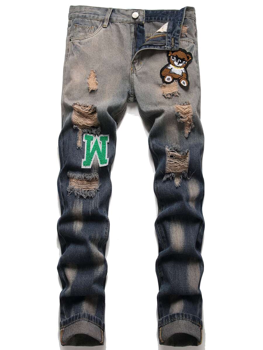 Hombres Jeans oso & con diseño de parche de letra - Azul lavado oscuro - Ver 1