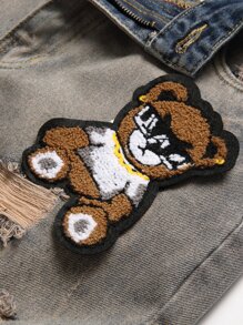 Hombres Jeans oso & con diseño de parche de letra - Azul lavado oscuro - Ver 3