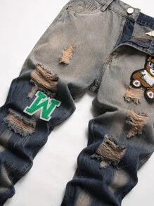 Hombres Jeans oso & con diseño de parche de letra - Azul lavado oscuro - Ver 5