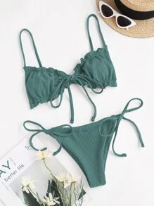 SHEIN Swim Summer Beach Tie Front Lettuce Trim Bikini - Teal Blue - View 1