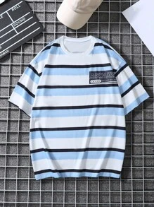 Manfinity Hypemode 男士粗條紋和標語圖案 T 卹 - 彩色 - 查看 1