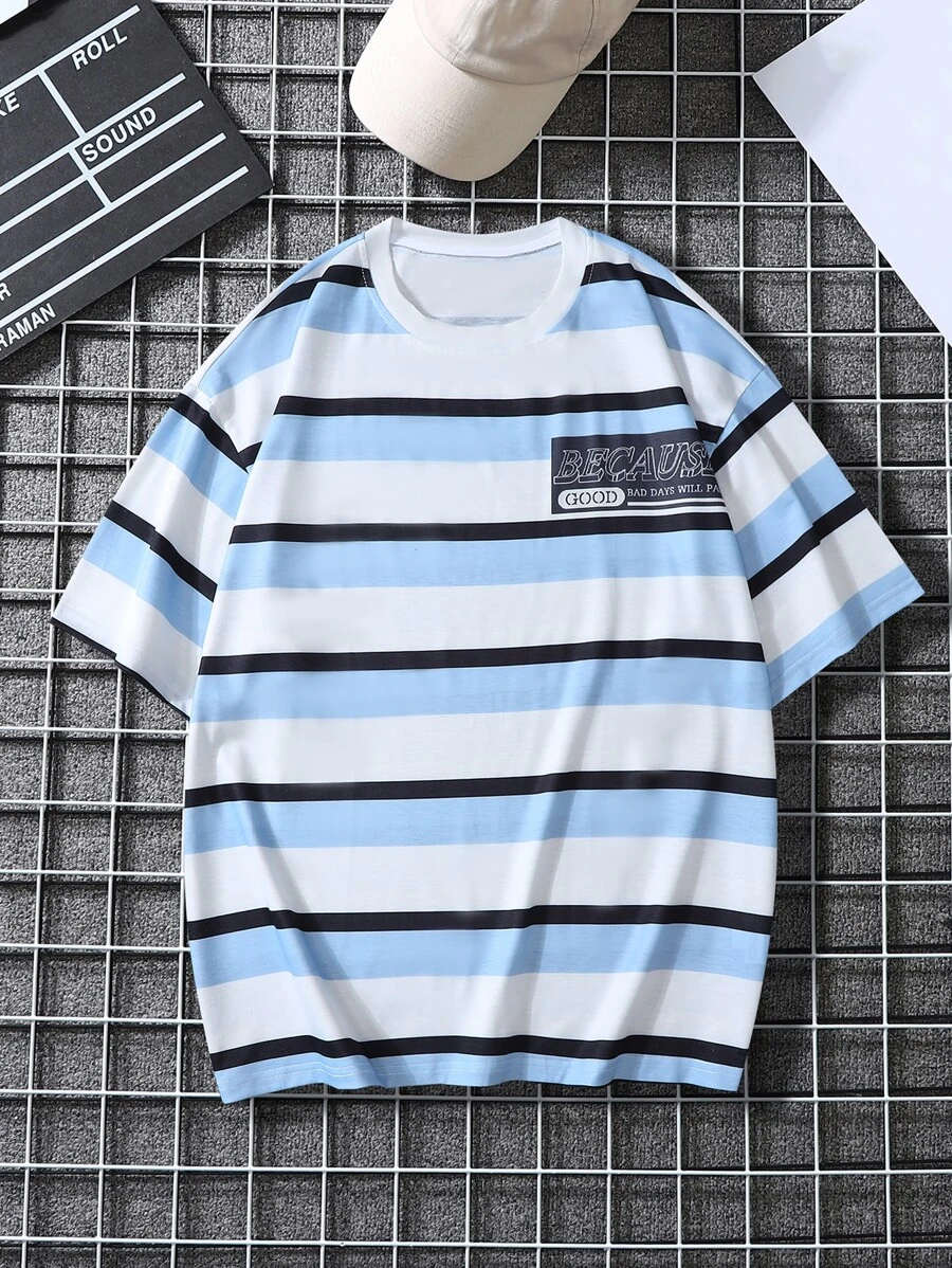 Manfinity Hypemode 男士粗條紋和標語圖案 T 卹 - 彩色 - 查看 1