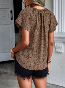 SHEIN LUNE Dalmatian Print Raglan Sleeve Tie Neck Blouse - Khaki - View 2