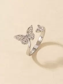 Rhinestone Butterfly Design Ring - Silver - View 1