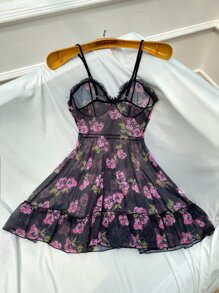 Slips con estampado floral de malla con lazo delantero bajo con fruncido - Negro - Ver 2