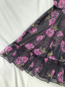 Slips con estampado floral de malla con lazo delantero bajo con fruncido - Negro - Ver 3