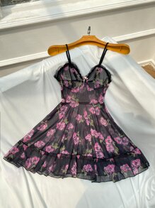 Slips con estampado floral de malla con lazo delantero bajo con fruncido - Negro - Ver 5