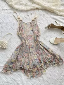 Allover Floral Print Appliques Ruffle Hem Mesh Cami Night Dress Flower Dress - Multicolor - View 1