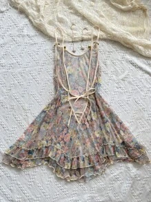 Allover Floral Print Appliques Ruffle Hem Mesh Cami Night Dress Flower Dress - Multicolor - View 2