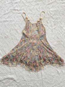 Allover Floral Print Appliques Ruffle Hem Mesh Cami Night Dress Flower Dress - Multicolor - View 4