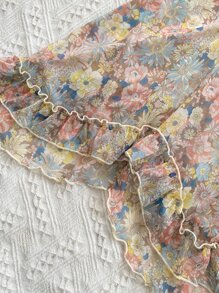 Allover Floral Print Appliques Ruffle Hem Mesh Cami Night Dress Flower Dress - Multicolor - View 5