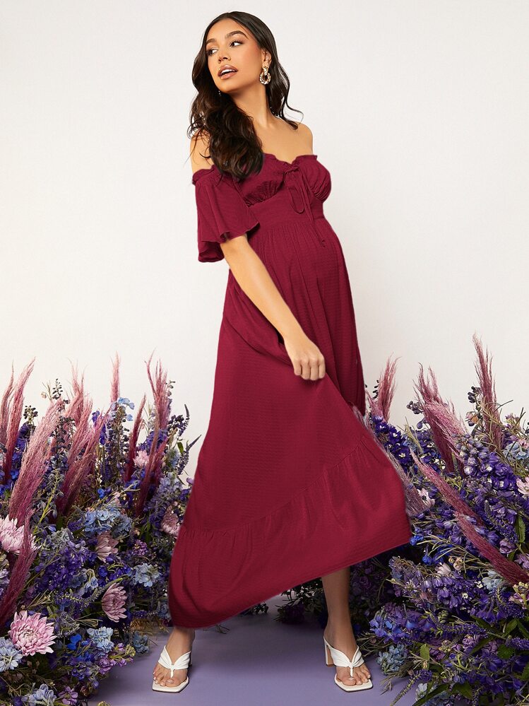 SHEIN Robe de grossesse col bardot manches papillon à ruchés - Rouge foncé - Voir 4