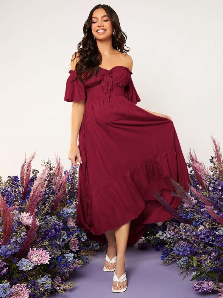 SHEIN Robe de grossesse col bardot manches papillon à ruchés - Rouge foncé - Voir 6