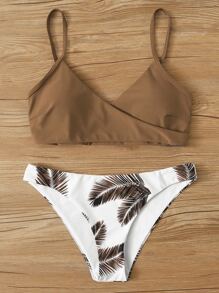 Adjustable Strap Top & Palm Random Print Bottom Bikini Set, For Summer Beach Vacation - Multicolor - View 1