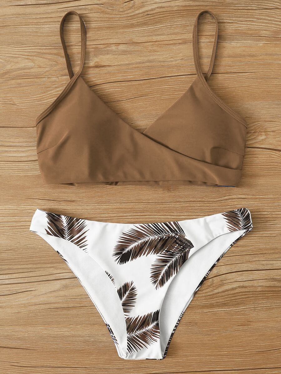 Adjustable Strap Top & Palm Random Print Bottom Bikini Set, For Summer Beach Vacation - Multicolor - View 1