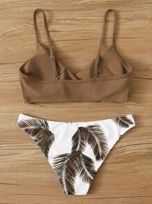 Adjustable Strap Top & Palm Random Print Bottom Bikini Set, For Summer Beach Vacation - Multicolor - View 2