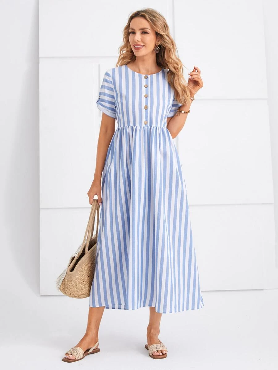 EMERY ROSE Buttoned Placket Rolled Sleeve Striped Dress - Blue and White - View 1