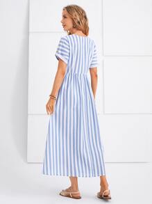 EMERY ROSE Buttoned Placket Rolled Sleeve Striped Dress - Blue and White - View 2
