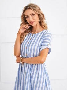 EMERY ROSE Buttoned Placket Rolled Sleeve Striped Dress - Blue and White - View 4