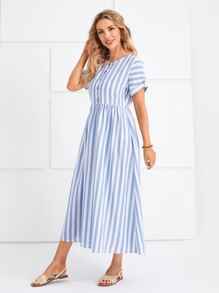 EMERY ROSE Buttoned Placket Rolled Sleeve Striped Dress - Blue and White - View 5