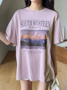 DAZY Mountain & Slogan Graphic Drop Shoulder Tee Oversized T-Shirt - Purple - View 1