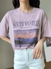 DAZY Mountain & Slogan Graphic Drop Shoulder Tee Oversized T-Shirt - Purple - View 4