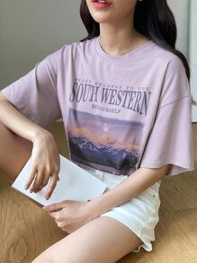 DAZY Mountain & Slogan Graphic Drop Shoulder Tee Oversized T-Shirt - Purple - View 6